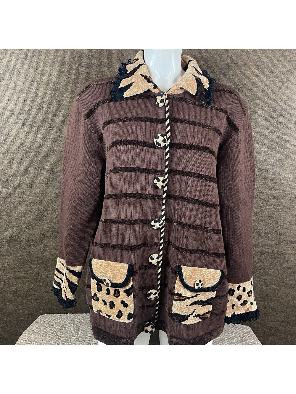 Vintage Jack B Quick Sweater Women's 3X Brown Black Cheetah Tiger 90s Fringe